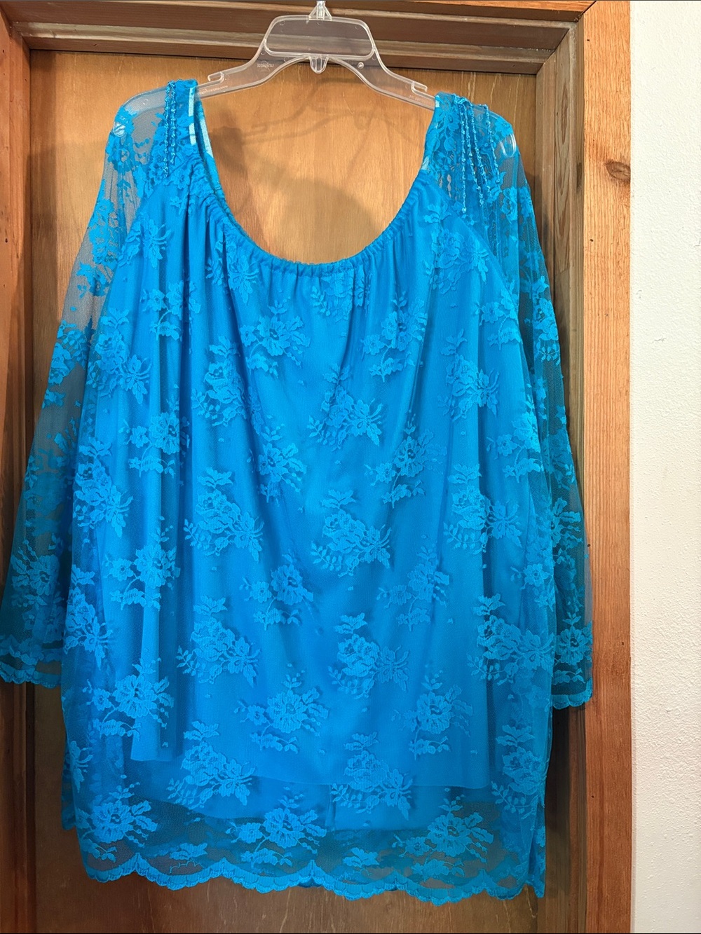Lace Overlay Peasant Blouse in Bright Turquoise
